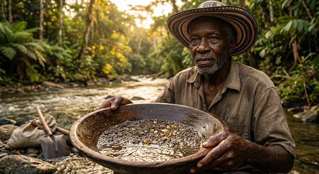 Barequero mostrando su batea con oro de aluvión en un río de Colombia